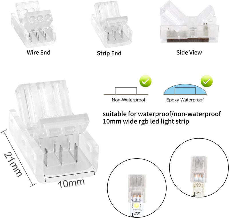 RGBZONE 10Pcs 3 Pin 10mm LED Strip Connectors Gapless Solderless Strip to Wire Quick Connector for 10mm Waterproof and Non-Waterproof WS2811 WS2812B LED Strip Lights - Image 2